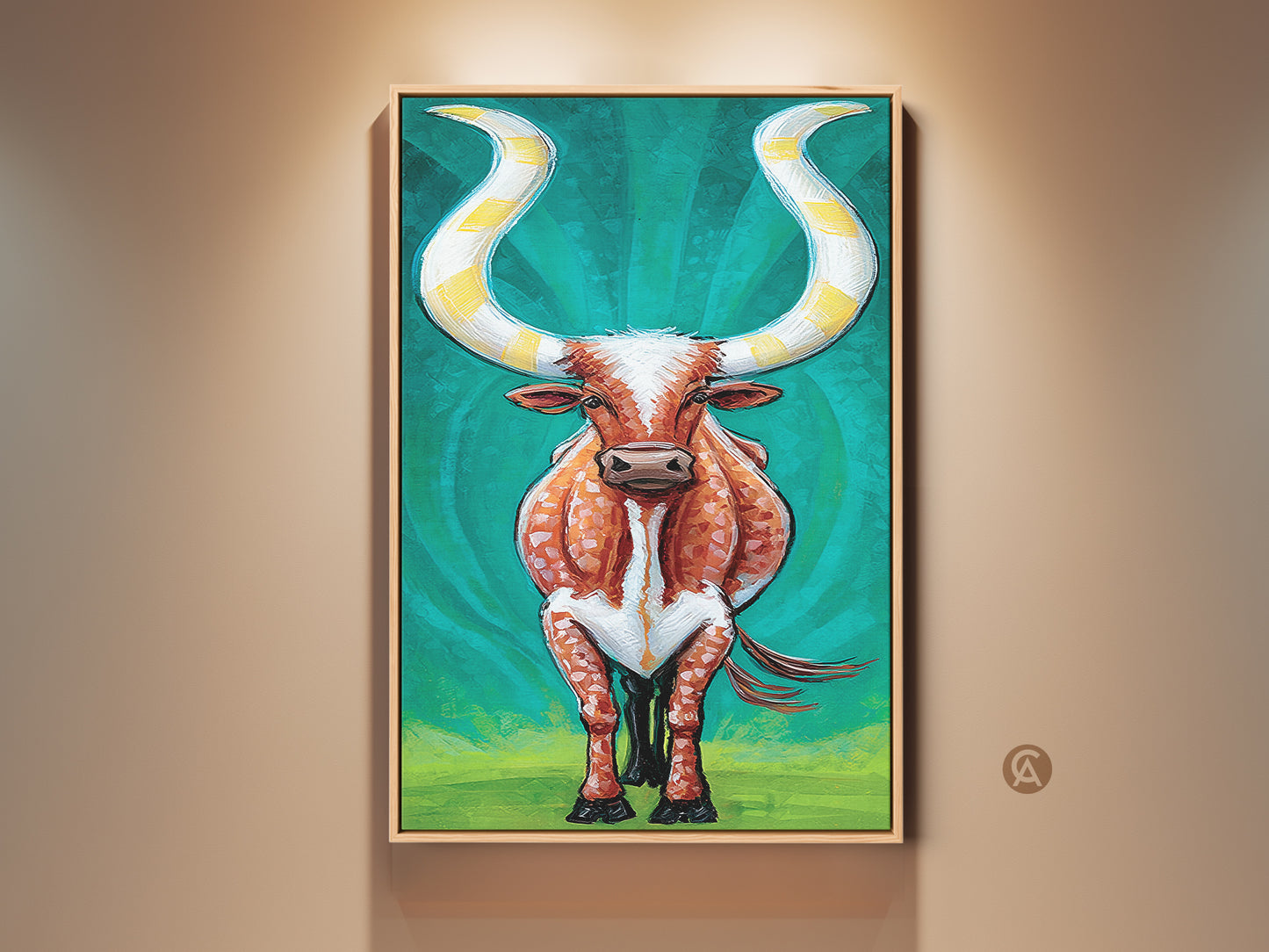 Eclectic Longhorn Cattle artwork on canvas. Striking orange and teal animal print brings Western ranch charm to your home wall decor. A perfect housewarming gift idea. This unique canvas adds a bold touch to any living space or entryway with its vibrant colors and expressive style.