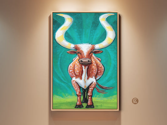 Eclectic Longhorn Cattle artwork on canvas. Striking orange and teal animal print brings Western ranch charm to your home wall decor. A perfect housewarming gift idea. This unique canvas adds a bold touch to any living space or entryway with its vibrant colors and expressive style.