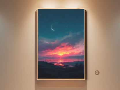 Experience the serene beauty of a sunset landscape. This framed artwork captures the sky's vibrant hues reflecting on calm waters. A crescent moon adds a touch of magic. Perfect wall decor to bring peace and tranquility to any room. Shop now and transform your space with this stunning piece.