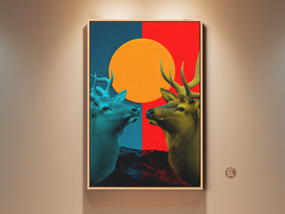 Geometric Elk artwork framed against a neutral wall. This abstract animal print uses red blue and orange hues. The eclectic art style is great for bedrooms or living rooms adding modern decor.