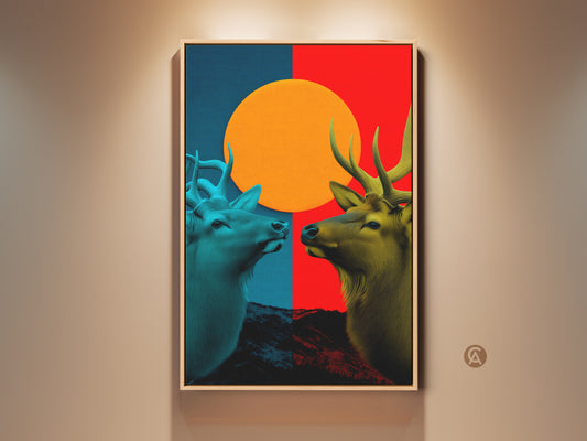 Geometric Elk artwork framed against a neutral wall. This abstract animal print uses red blue and orange hues. The eclectic art style is great for bedrooms or living rooms adding modern decor.