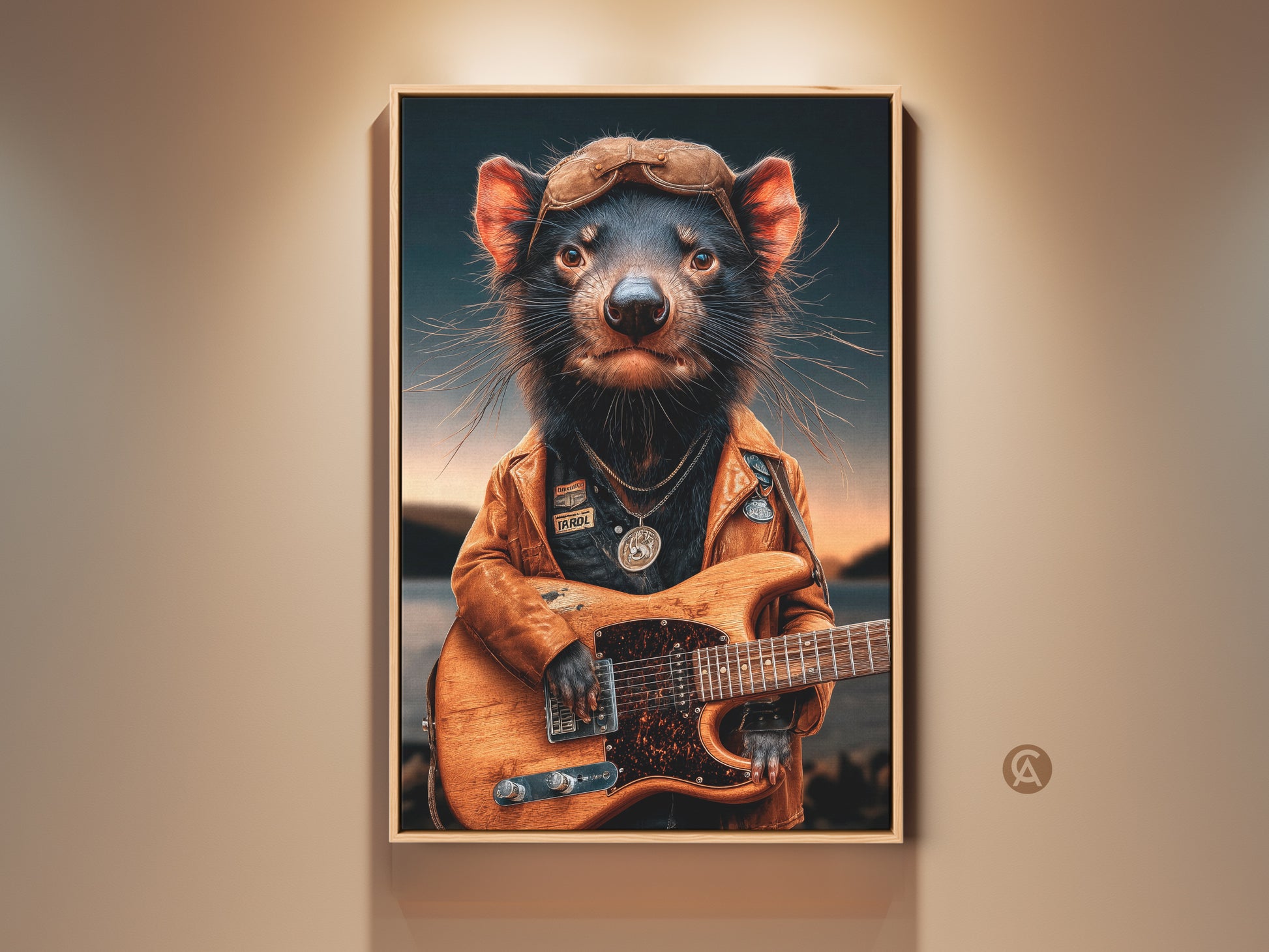 Tasmanian Devil Guitarist Art Print. Eclectic animal wall art for music lovers. A rockstar Tasmanian devil playing electric guitar. Great for man caves and office decor. Brown orange and blue tones create a bold artistic statement.