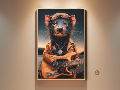 Tasmanian Devil Guitarist Art Print. Eclectic animal wall art for music lovers. A rockstar Tasmanian devil playing electric guitar. Great for man caves and office decor. Brown orange and blue tones create a bold artistic statement.