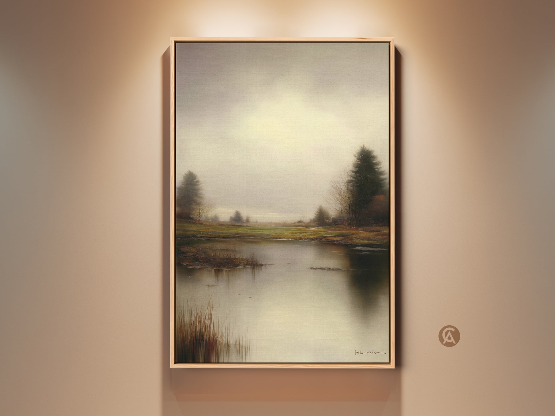 Framed rustic landscape wall art features a serene lake & trees. The muted yellow gray green palette brings calm to any room. This impressionistic style artwork is perfect for home decor.