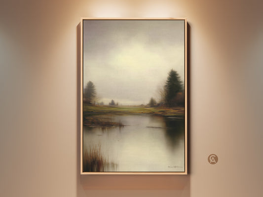 Framed rustic landscape wall art features a serene lake & trees. The muted yellow gray green palette brings calm to any room. This impressionistic style artwork is perfect for home decor.