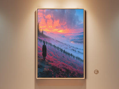 Fantasy Landscape canvas art featuring a surreal sunset procession. The artwork uses orange and blue tones. It is displayed as eclectic home decor. This bedroom wall art is framed in oak.