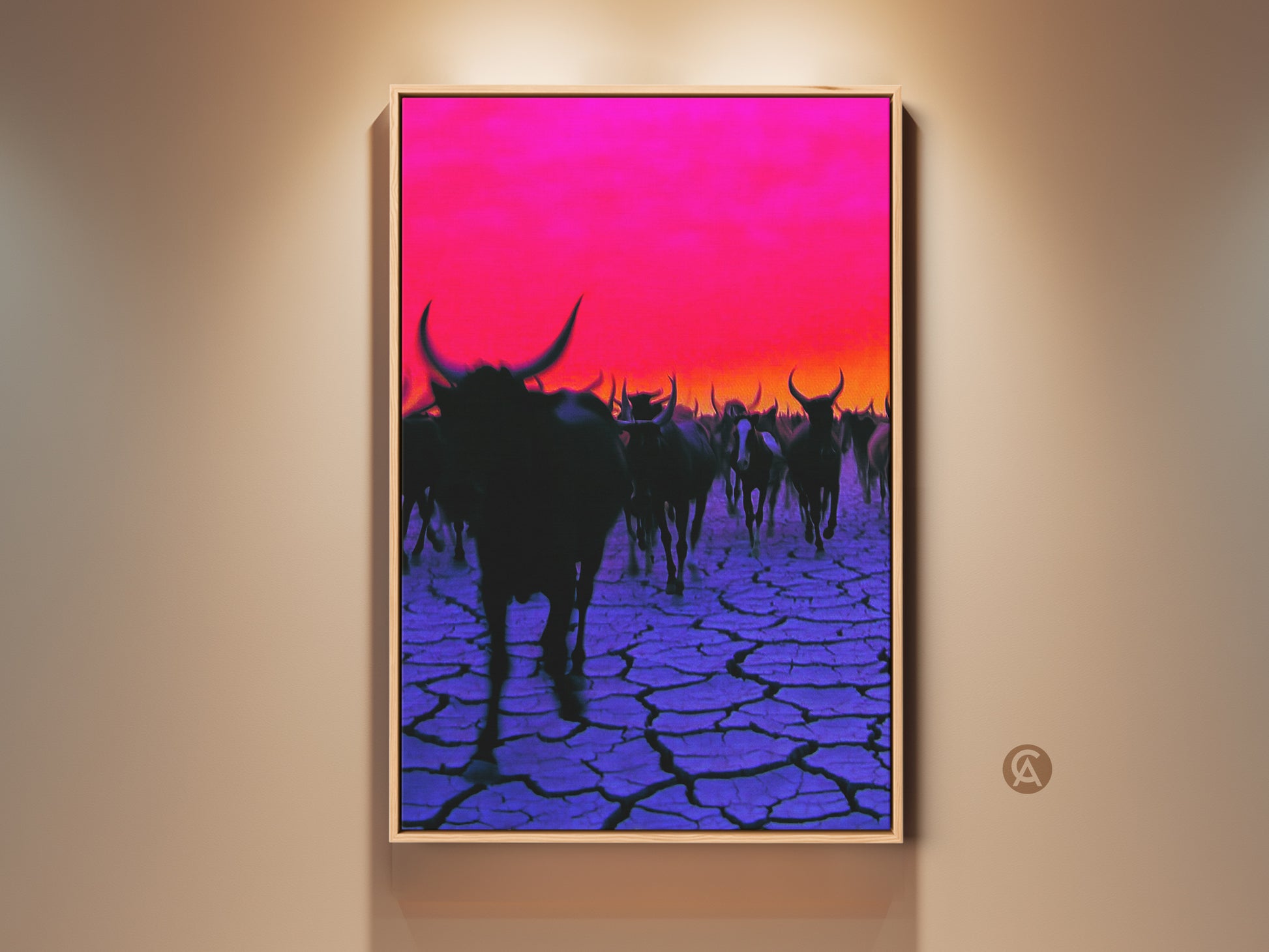 Farm Animal Canvas Artwork. A surreal herd moves across cracked purple earth. This magenta sky landscape print adds eclectic flair. It is a unique housewarming gift idea for farm and animal art lovers.