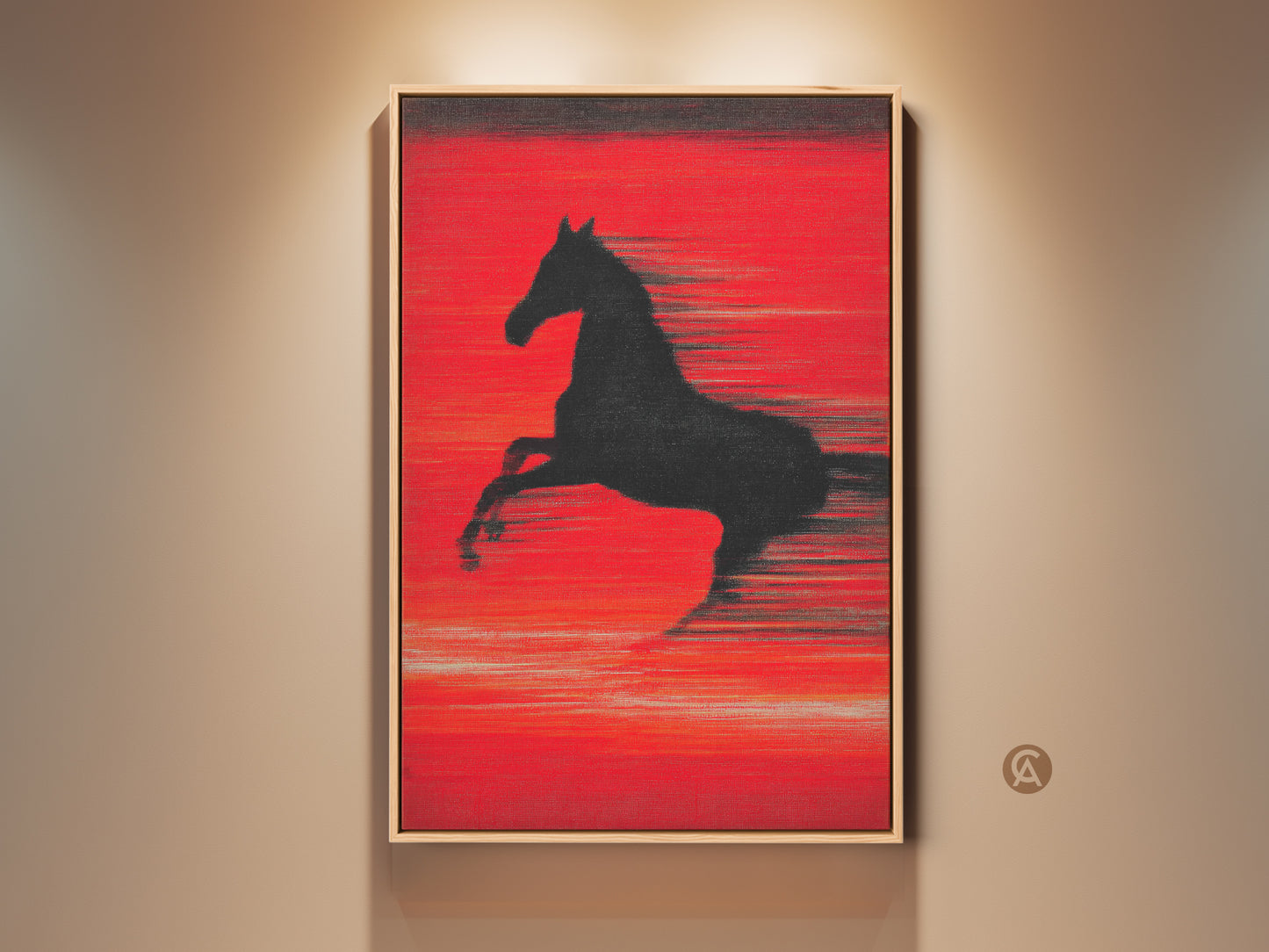 Framed abstract crimson horse art print displayed on a wall. The artwork features a dynamic black horse silhouette. It contrasts beautifully against the vivid red background. This contemporary equestrian decor adds motion and speed to any room. Perfect as a housewarming gift or for horse enthusiasts.