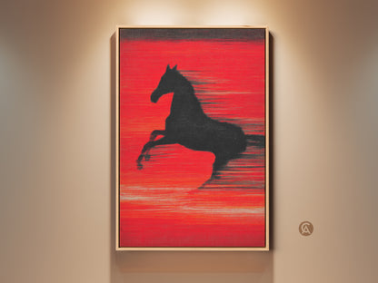 Framed abstract crimson horse art print displayed on a wall. The artwork features a dynamic black horse silhouette. It contrasts beautifully against the vivid red background. This contemporary equestrian decor adds motion and speed to any room. Perfect as a housewarming gift or for horse enthusiasts.