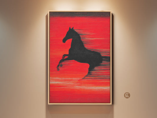 Framed abstract crimson horse art print displayed on a wall. The artwork features a dynamic black horse silhouette. It contrasts beautifully against the vivid red background. This contemporary equestrian decor adds motion and speed to any room. Perfect as a housewarming gift or for horse enthusiasts.