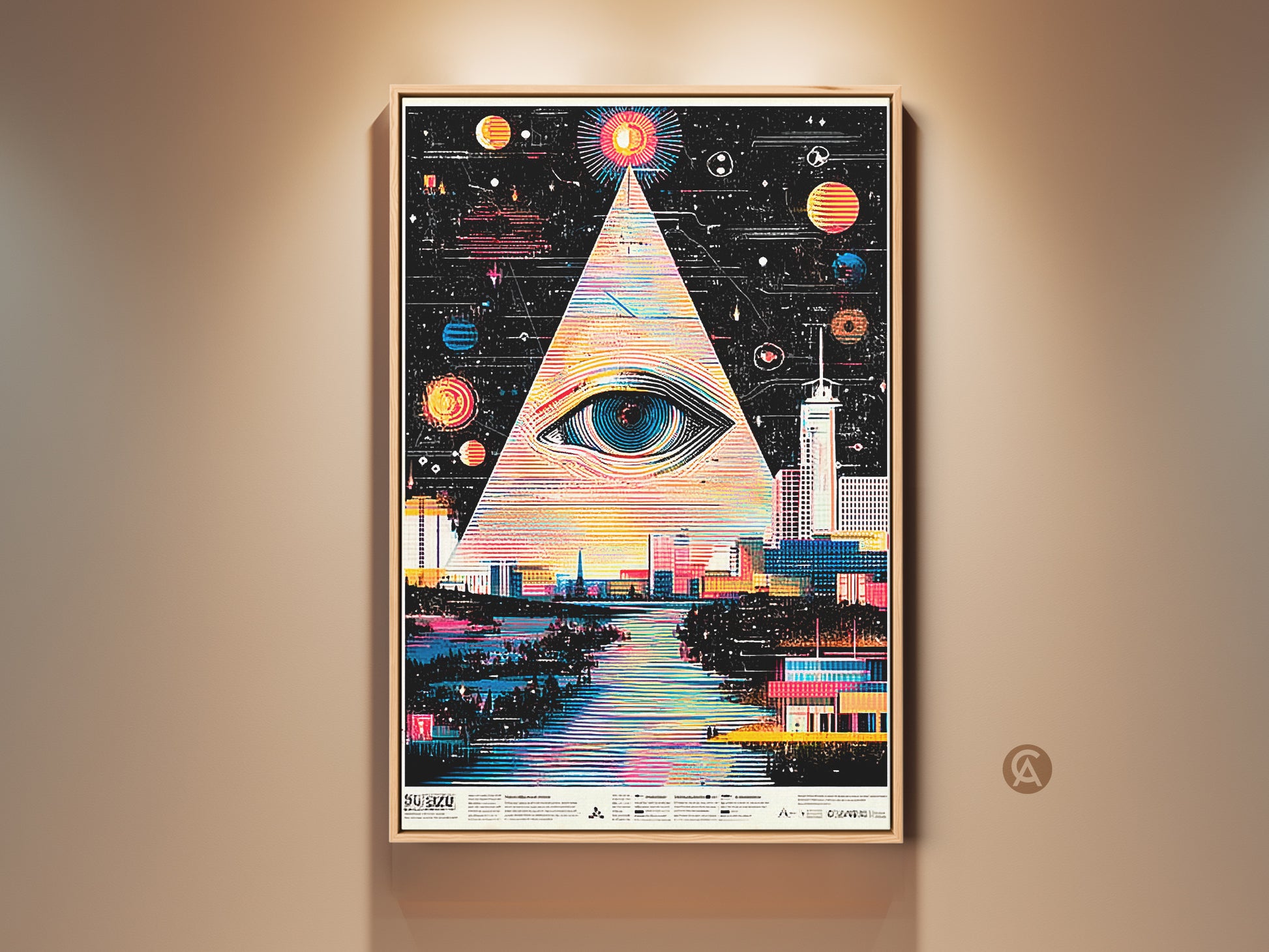 Eye and cityscape surreal canvas art. Abstract geometric wall print. The art has a striking multicolor design. A teal space sci-fi decor for home art. An eye gazes over a futuristic city. Shop now!