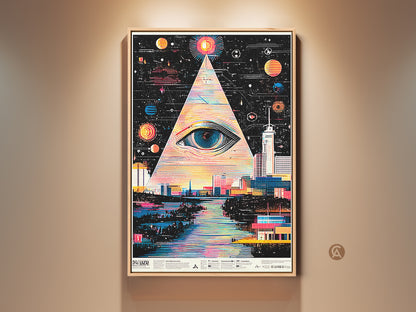 Eye and cityscape surreal canvas art. Abstract geometric wall print. The art has a striking multicolor design. A teal space sci-fi decor for home art. An eye gazes over a futuristic city. Shop now!