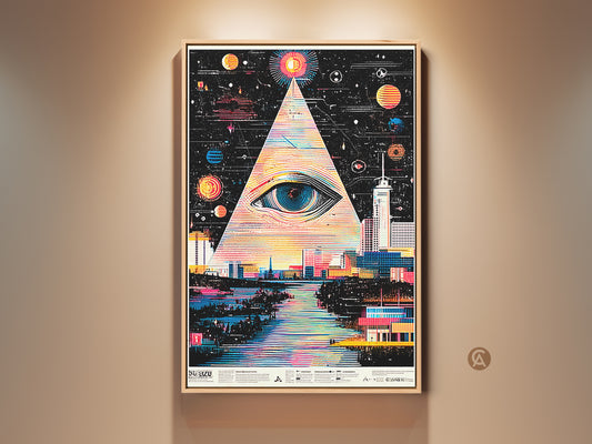 Eye and cityscape surreal canvas art. Abstract geometric wall print. The art has a striking multicolor design. A teal space sci-fi decor for home art. An eye gazes over a futuristic city. Shop now!