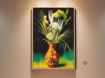 Framed view of a still life botanical print. A red and yellow vase art is displayed. It's a vibrant artwork featuring cutlery and botanical elements. This eclectic kitchen decor is perfect for dining rooms or as a housewarming gift.