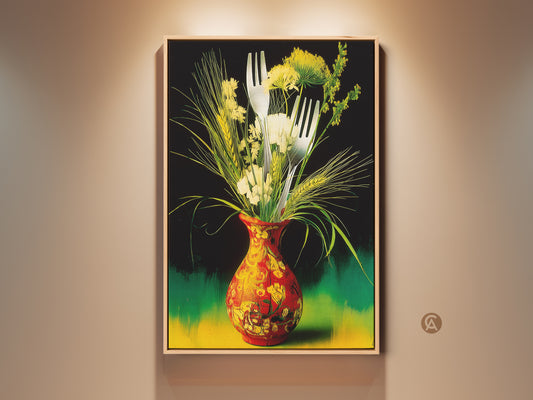 Framed view of a still life botanical print. A red and yellow vase art is displayed. It's a vibrant artwork featuring cutlery and botanical elements. This eclectic kitchen decor is perfect for dining rooms or as a housewarming gift.
