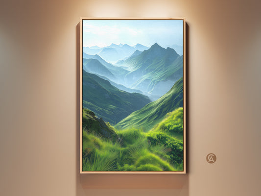 Framed emerald green mountain canvas art on display. This scenic valley landscape print features impressionistic hills. A nature-inspired artwork perfect for bedroom or living room decor. The contemporary piece adds a touch of peaceful outdoor scenery. Ideal as a housewarming gift for hikers or outdoor lovers.