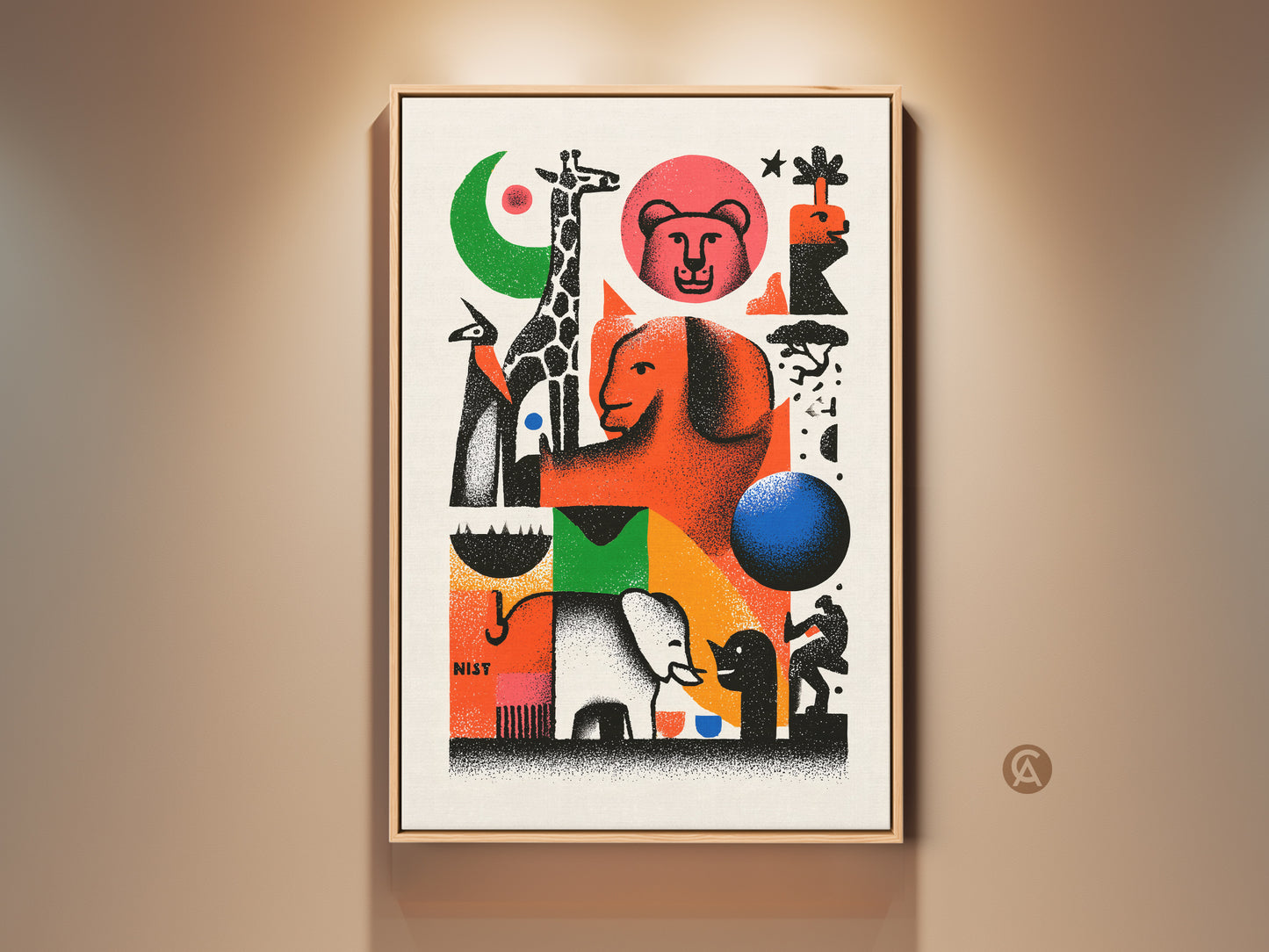 Eclectic Animal Wall Art Print. This retro mid-century modern canvas features a giraffe elephant art. The orange and green tones create a unique home decor piece. This abstract geometric wall art would be a unique gift for animal lovers. The composition blends abstract and geometric elements with playful animal figures.