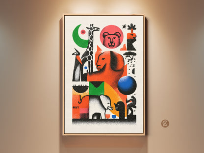 Eclectic Animal Wall Art Print. This retro mid-century modern canvas features a giraffe elephant art. The orange and green tones create a unique home decor piece. This abstract geometric wall art would be a unique gift for animal lovers. The composition blends abstract and geometric elements with playful animal figures.