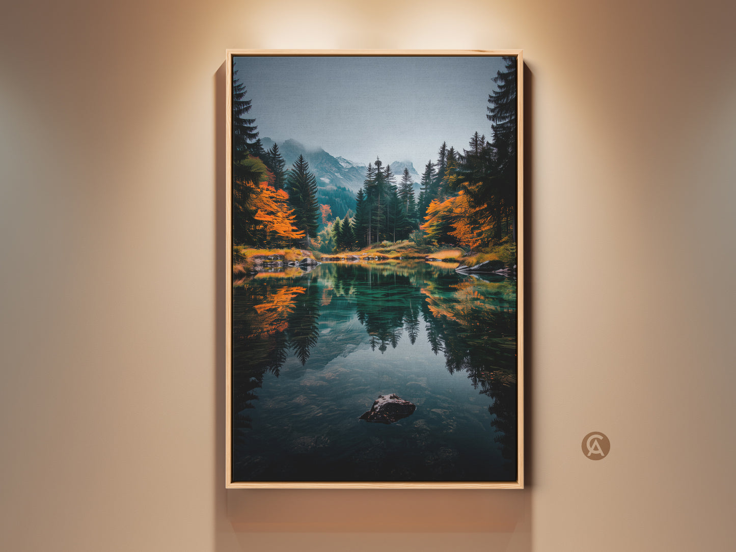 Elevate your space with stunning mountain lake artwork. The framed canvas print brings nature's beauty indoors. It features a serene lake reflecting the surrounding forest and mountains. Perfect for nature lovers. Shop now to transform your home decor with this captivating piece