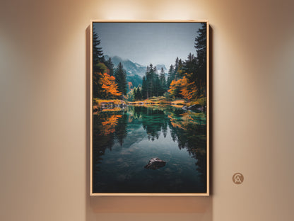 Elevate your space with stunning mountain lake artwork. The framed canvas print brings nature's beauty indoors. It features a serene lake reflecting the surrounding forest and mountains. Perfect for nature lovers. Shop now to transform your home decor with this captivating piece