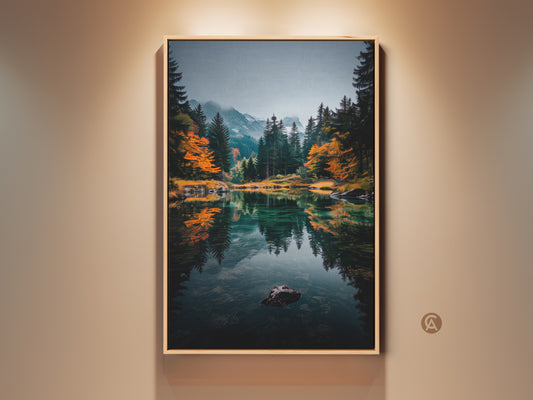 Elevate your space with stunning mountain lake artwork. The framed canvas print brings nature's beauty indoors. It features a serene lake reflecting the surrounding forest and mountains. Perfect for nature lovers. Shop now to transform your home decor with this captivating piece