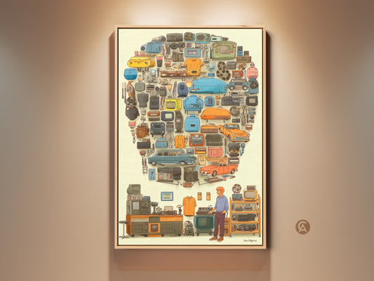 Pop Art Canvas Art featuring a collage of vintage electronics and classic cars. The artwork boasts a retro illustration style suitable for eclectic home or office decor. A unique gift for tech enthusiasts or car collectors. Its blend of color and detail adds a touch of nostalgia to any room. Perfect for man caves or retro-themed spaces.