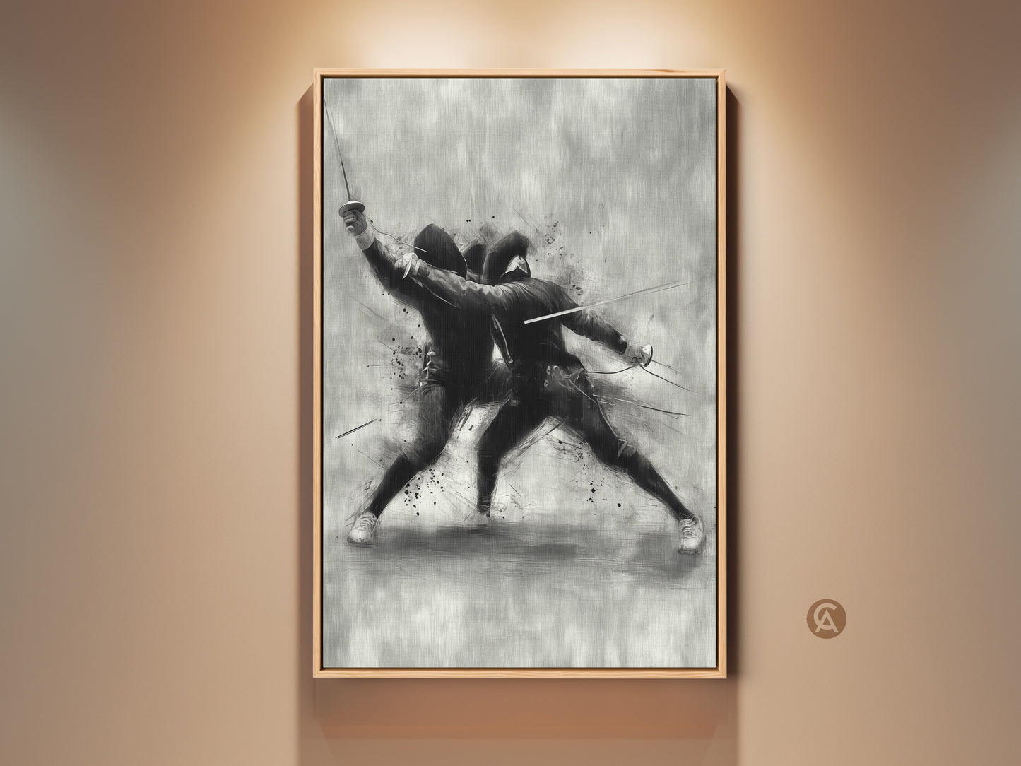 Framed fencing action art print displayed on a wall. This dynamic sword duel artwork features a modern sketch style. The black and white sports decor is a unique gift for fencers. This office study artwork adds athletic spirit to any space.