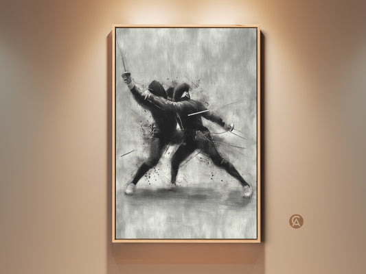 Framed fencing action art print displayed on a wall. This dynamic sword duel artwork features a modern sketch style. The black and white sports decor is a unique gift for fencers. This office study artwork adds athletic spirit to any space.