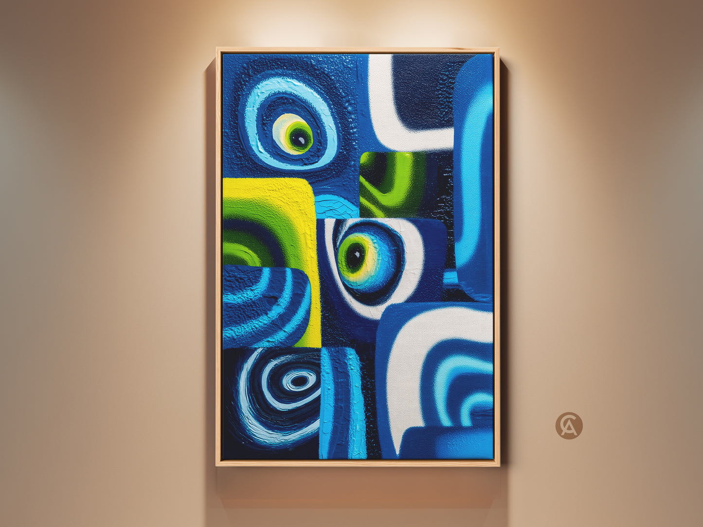 Gallery view of a Contemporary Abstract Wall Art piece. This modern office decor features blue and green geometric swirls on canvas. The artwork adds a vibrant touch perfect as a gift for the art enthusiast. Notice how the piece is displayed in a well-lit space showcasing its modern aesthetic.