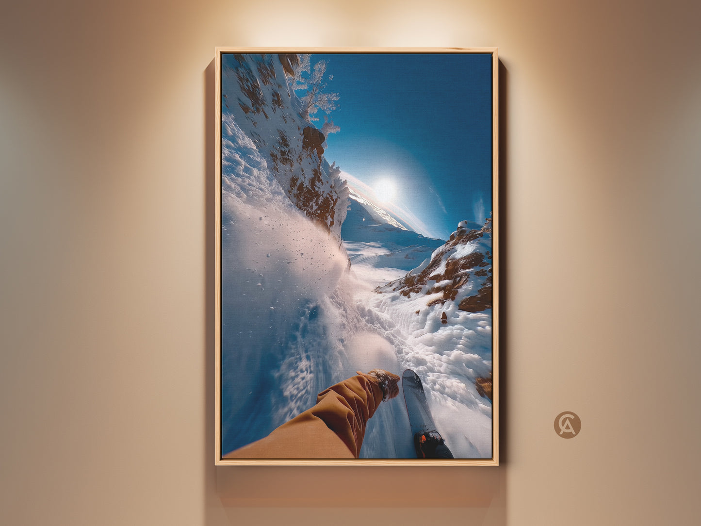 Framed artwork featuring a first-person view of downhill skiing. The bright sun illuminates the snowy mountain landscape. This ski art print brings the thrill of winter sports to any room. A great gift for ski enthusiasts.