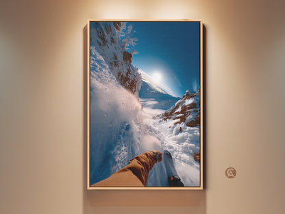 Framed artwork featuring a first-person view of downhill skiing. The bright sun illuminates the snowy mountain landscape. This ski art print brings the thrill of winter sports to any room. A great gift for ski enthusiasts.