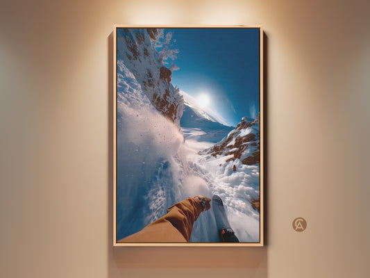 Framed artwork featuring a first-person view of downhill skiing. The bright sun illuminates the snowy mountain landscape. This ski art print brings the thrill of winter sports to any room. A great gift for ski enthusiasts.