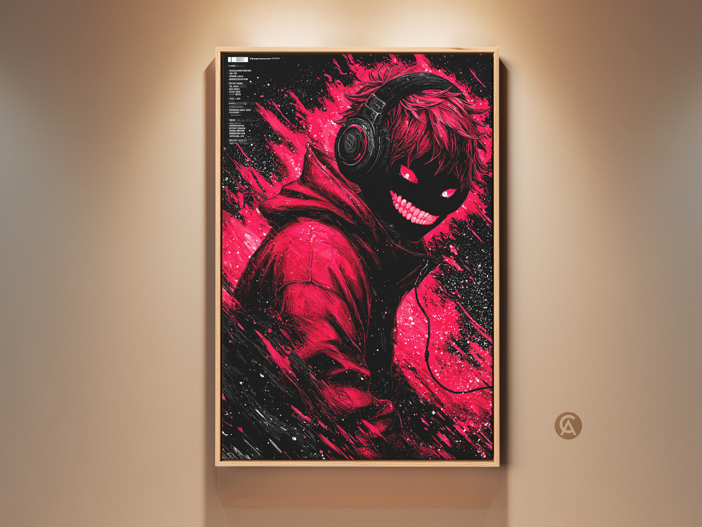 Framed artwork showcasing a red and black illustration. It features a figure with headphones and glowing red eyes. The artwork is stylish and modern adding a unique touch to any room. Perfect wall decor for art lovers.