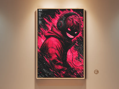Framed artwork showcasing a red and black illustration. It features a figure with headphones and glowing red eyes. The artwork is stylish and modern adding a unique touch to any room. Perfect wall decor for art lovers.