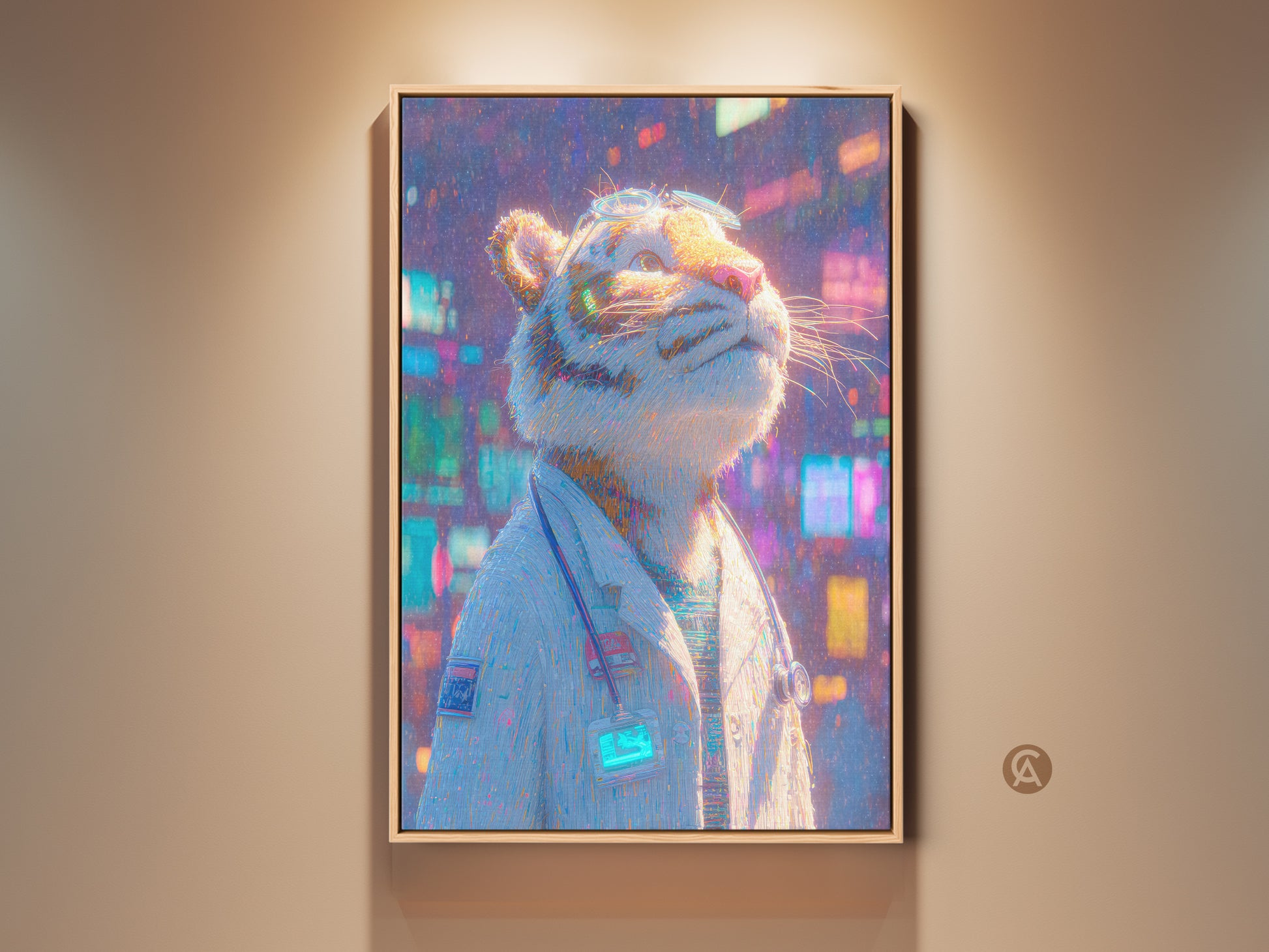 Framed art of a tiger doctor wearing glasses. This wall art features a tiger dressed as a doctor. The artwork is modern. The canvas art would make a great addition to any room.