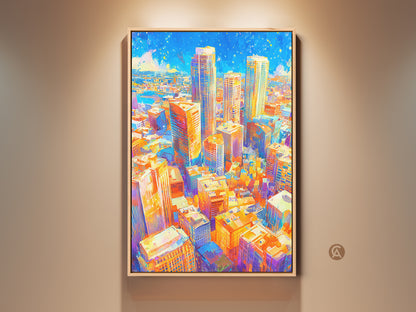 Elevate your space with vibrant city art. This framed artwork captures a colorful cityscape with a modern aesthetic. Perfect for adding an urban touch to any room. The painting features bright orange yellow and blue tones.