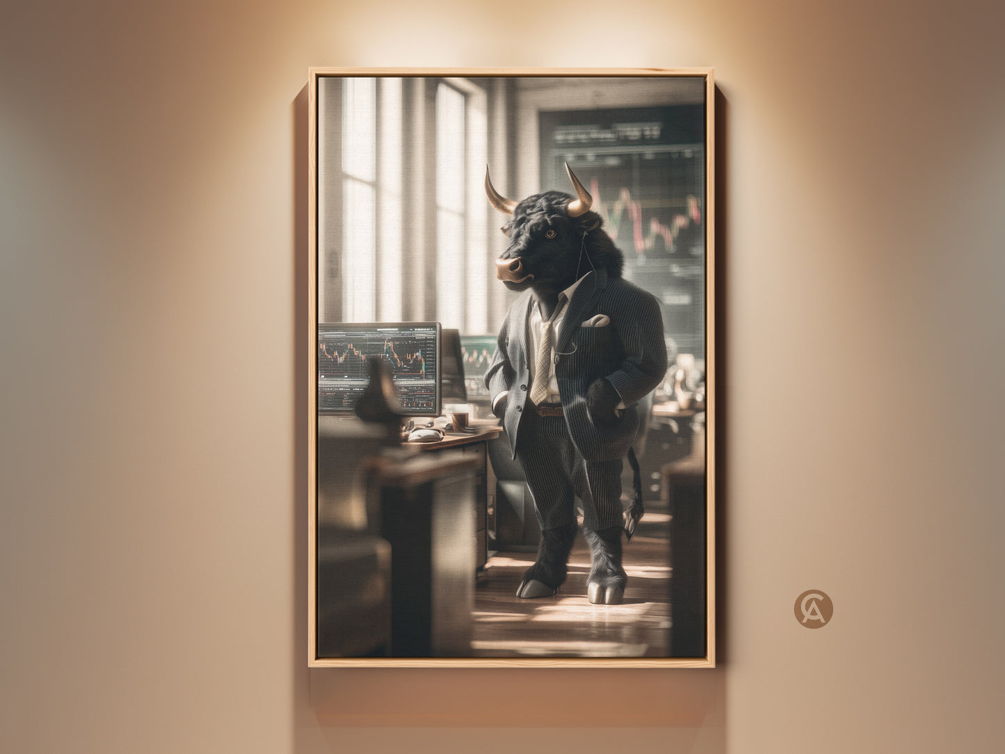 A striking art piece shows a bull dressed as a Wall Street executive. He stands confidently in an office setting. Stock charts on computer screens hint at finance. The artwork is a unique blend of animal and human elements. Great for finance enthusiasts looking for office art.