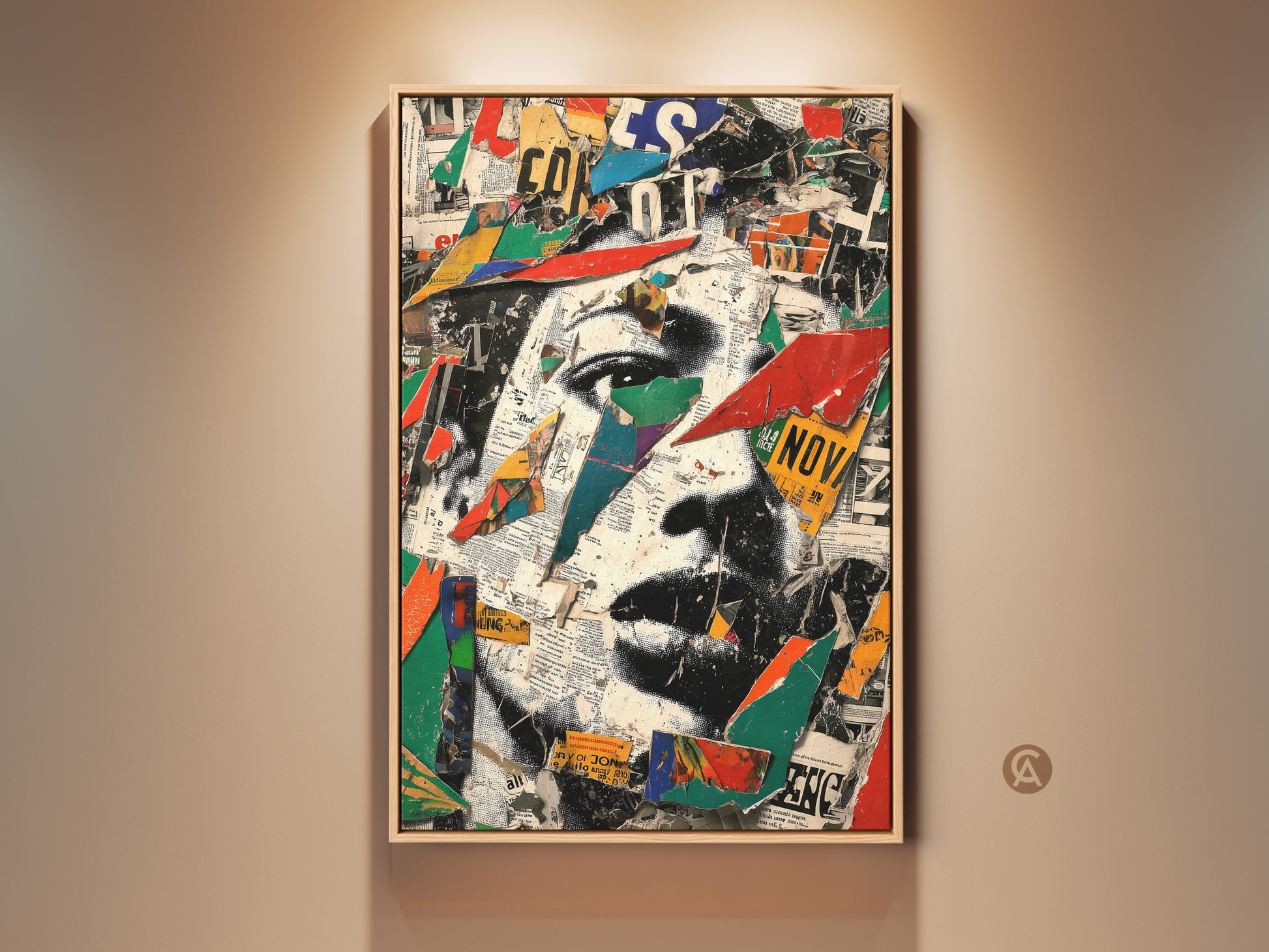 Framed mixed media collage art featuring an abstract face. Urban eclectic portrait print in red blue and green. This captivating artwork is perfect for adding a bold artistic touch to any studio or office space.