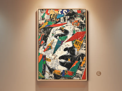 Framed mixed media collage art featuring an abstract face. Urban eclectic portrait print in red blue and green. This captivating artwork is perfect for adding a bold artistic touch to any studio or office space.