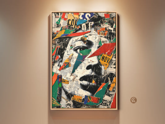 Framed mixed media collage art featuring an abstract face. Urban eclectic portrait print in red blue and green. This captivating artwork is perfect for adding a bold artistic touch to any studio or office space.