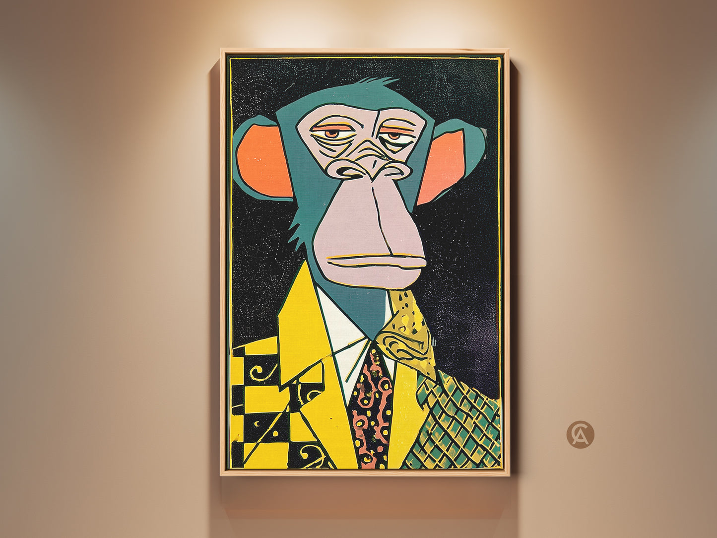 Elevate your space with this unique artwork. It features a sophisticated ape in a suit. The vibrant colors and intricate patterns make it a captivating piece. This gallery-worthy art is sure to impress. Get yours today