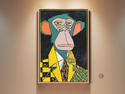 Elevate your space with this unique artwork. It features a sophisticated ape in a suit. The vibrant colors and intricate patterns make it a captivating piece. This gallery-worthy art is sure to impress. Get yours today