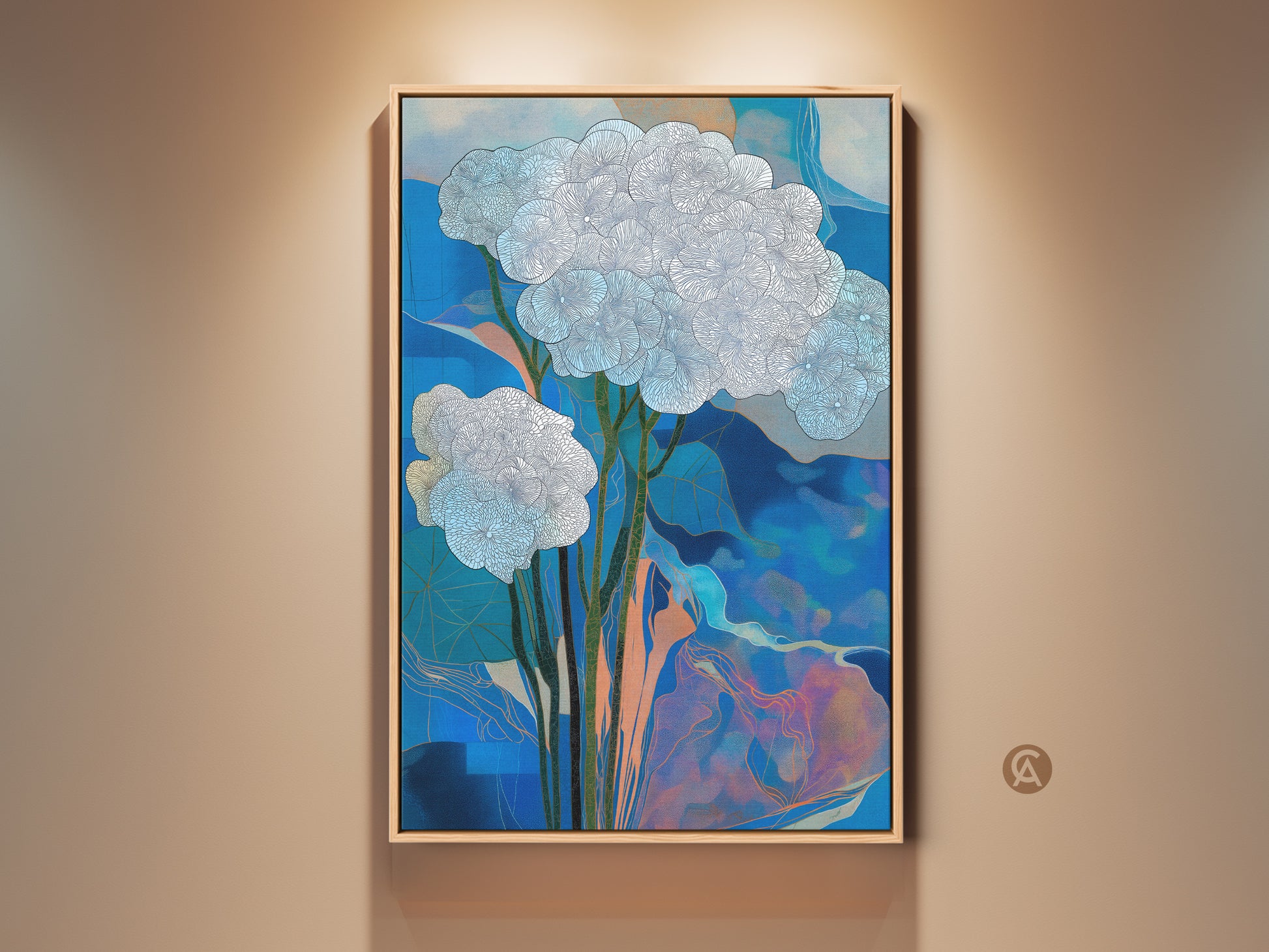 Framed blue botanical art print on a beige wall. This white floral canvas art features teal abstract nature wall decor. Perfect contemporary line artwork for bedroom or living room. The floating frame adds a touch of elegance. Shop now for unique home decor.