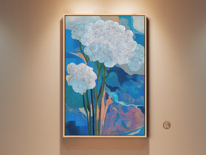 Framed blue botanical art print on a beige wall. This white floral canvas art features teal abstract nature wall decor. Perfect contemporary line artwork for bedroom or living room. The floating frame adds a touch of elegance. Shop now for unique home decor.