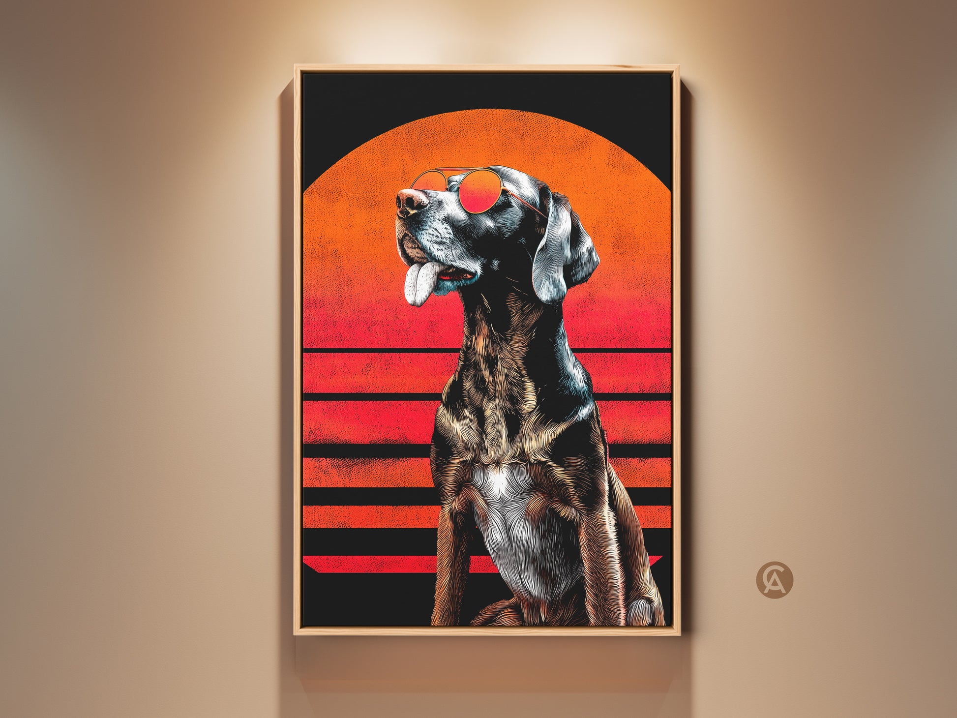 Framed retro pop art sunglasses dog wall art. This eclectic pet portrait features an orange and black sunset. It's a cool animal decor piece. The sunglasses add a unique flair. This artwork is a vibrant dog lover gift idea.