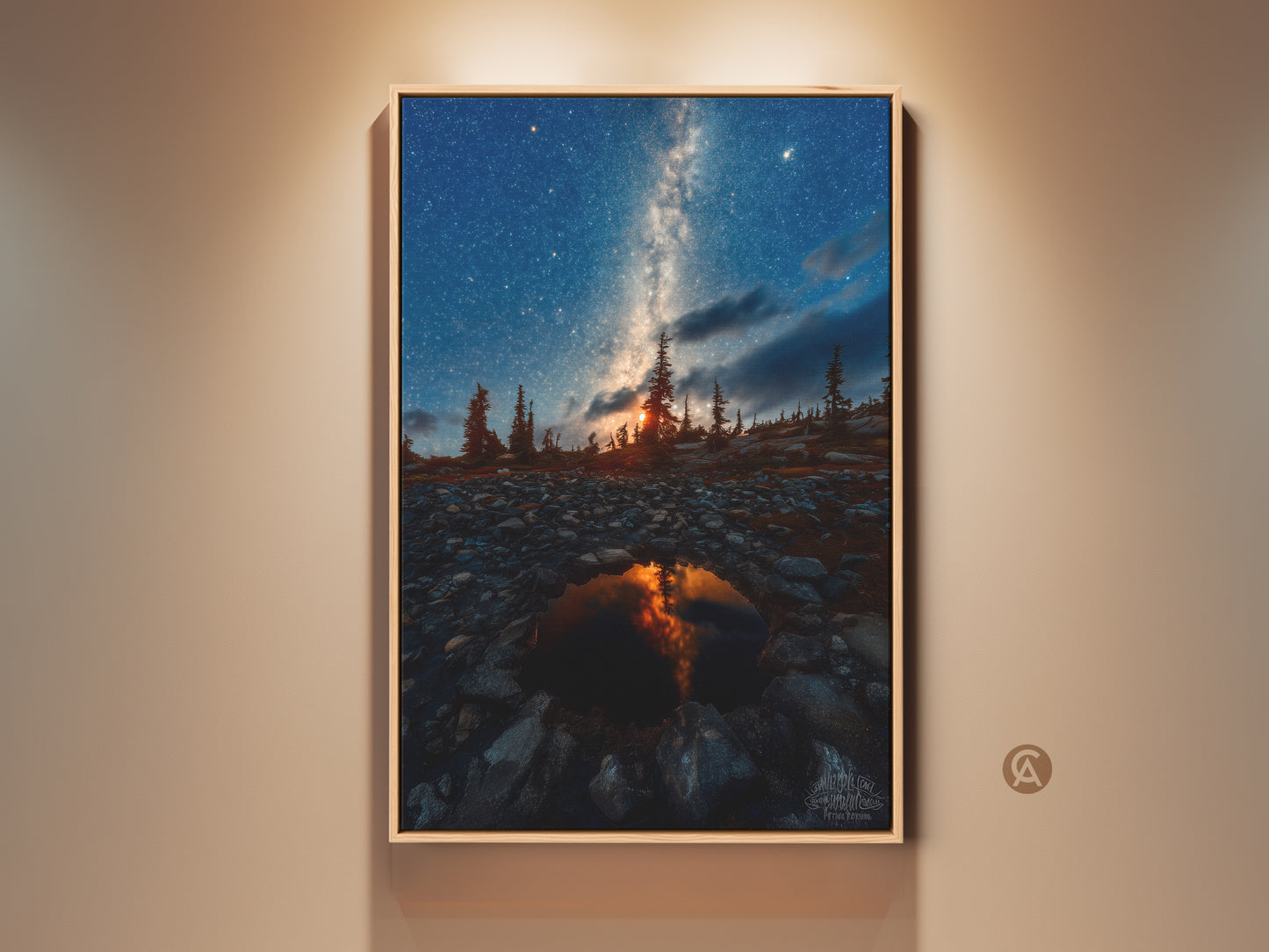 Rustic landscape canvas print featuring the Milky Way over pine trees. This astrophotography wall art shows a dark sky decor. It captures a serene night scene with deep blue and orange hues. Ideal astronomy gift for him or nature lovers artwork. Perfect housewarming gift print for residential wall art.