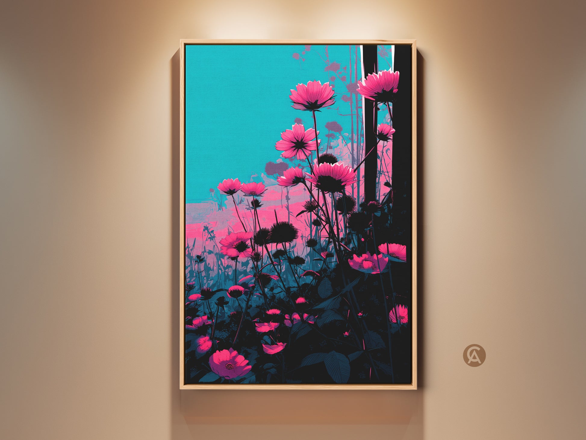 Framed pink cosmos floral art print. This contemporary botanical artwork features vibrant pink flowers and a teal background. The wall art adds a pop of color to any space. A perfect housewarming gift for plant lovers.