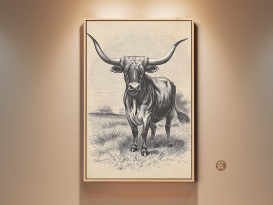 Framed vintage Texas Longhorn artwork. This engraved bull art print is perfect for farmhouse office decor. The black and white animal wall art adds rustic charm to any home or office. This unique piece is a great gift for ranch owners looking for western home decor.