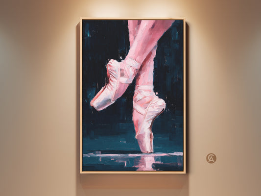 Close-up of ballerina feet in pointe shoes artwork. The painting features pink feet and white ballet slippers. The background is dark teal. Buy this original oil painting reproduction for your home decor collection.