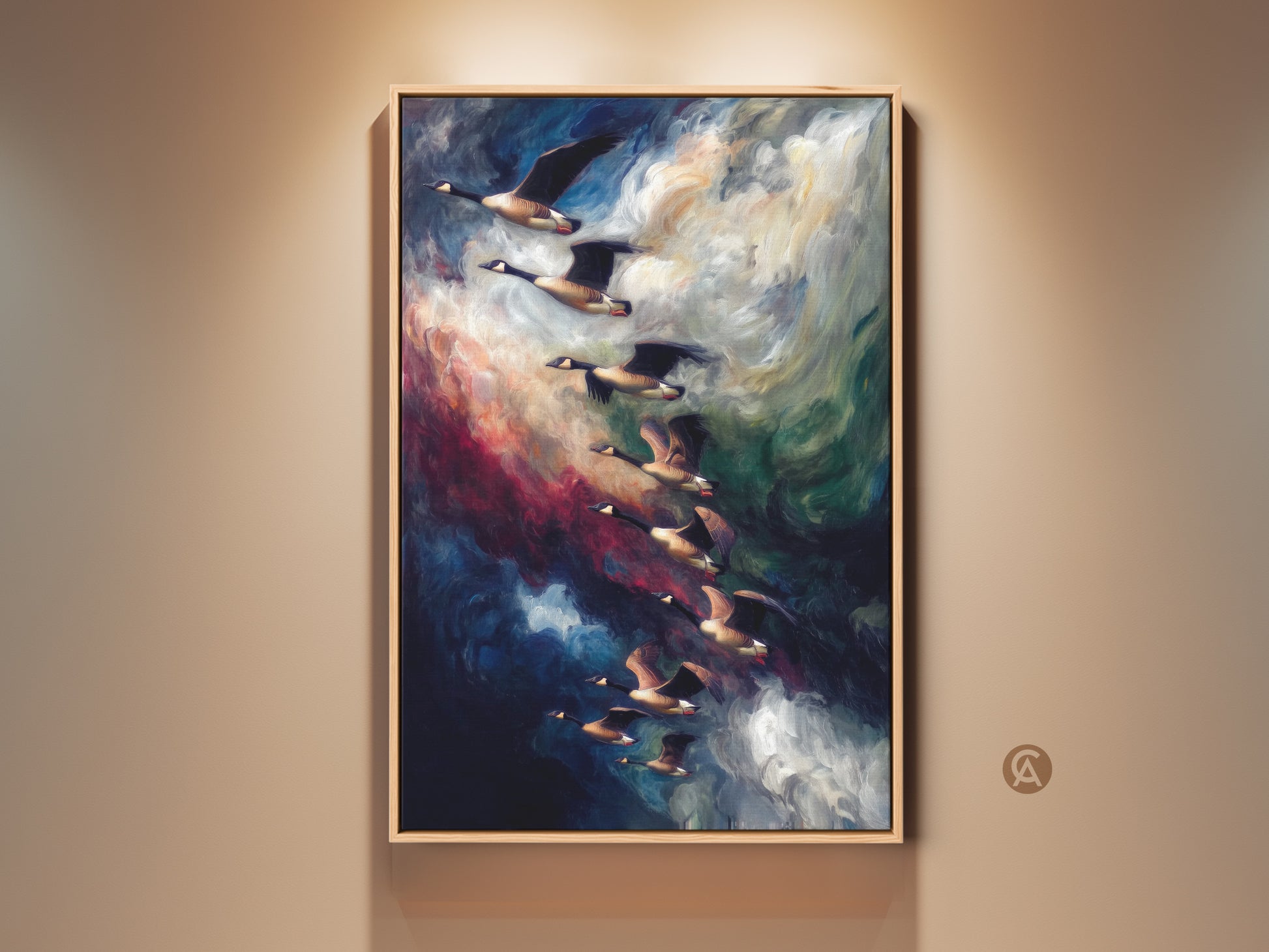 Framed abstract geese canvas art hangs on a neutral wall. This indigo and blue sky wildlife print showcases a flock of birds in flight. A perfect bird watcher gift for contemporary wall art.